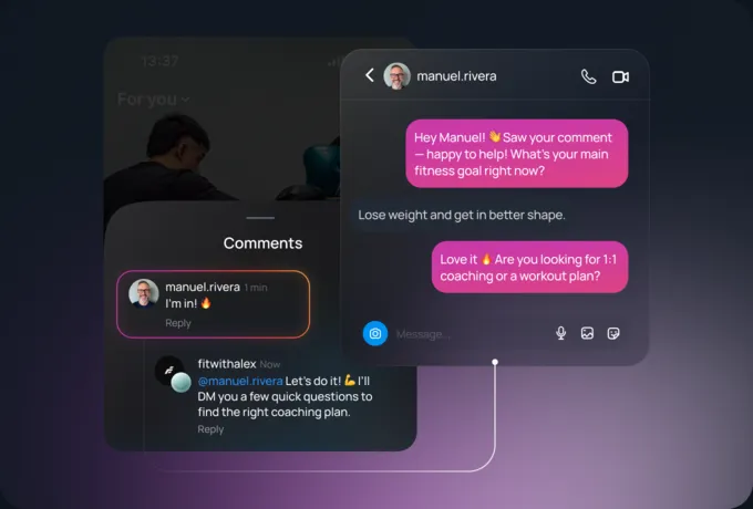A comment under a Reel gets a public reply and a DM asking about the person's fitness goal