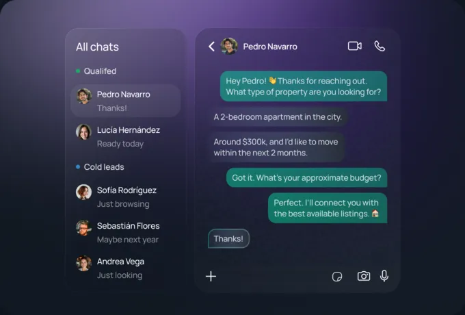 Chats split into qualified and cold leads, next to the AI agent asking a buyer about budget and timing