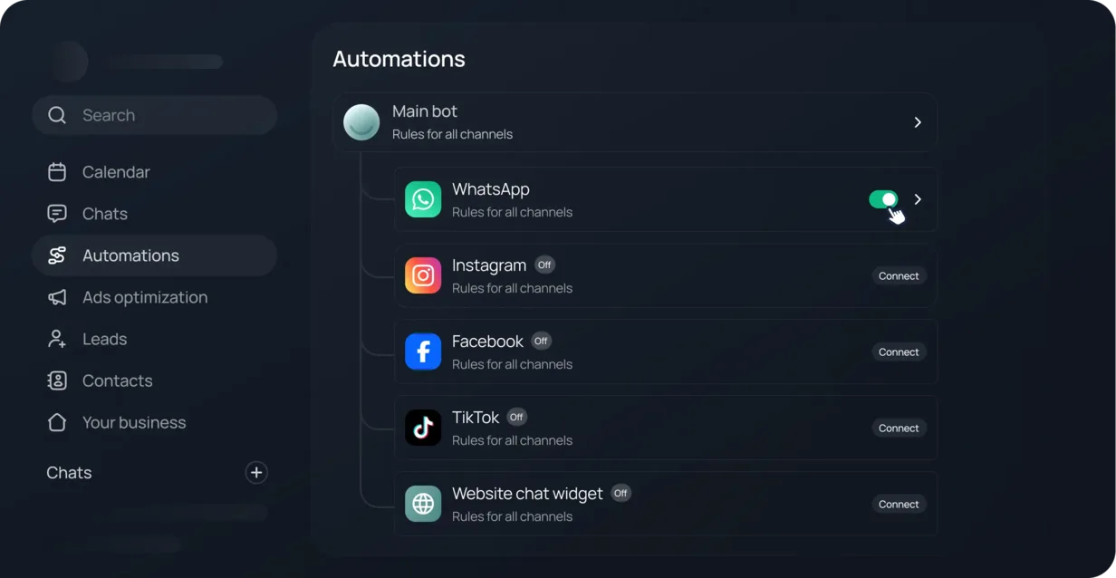Chatfuel Automations screen: WhatsApp is switched on; Instagram, Facebook, TikTok and the website chat widget are off with a Connect button